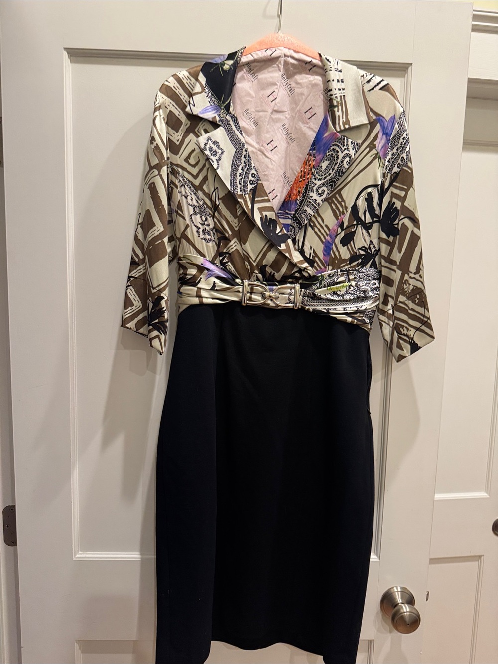 Black Pencil Skirt with Patterned Belted Top - Women's Professional Dress